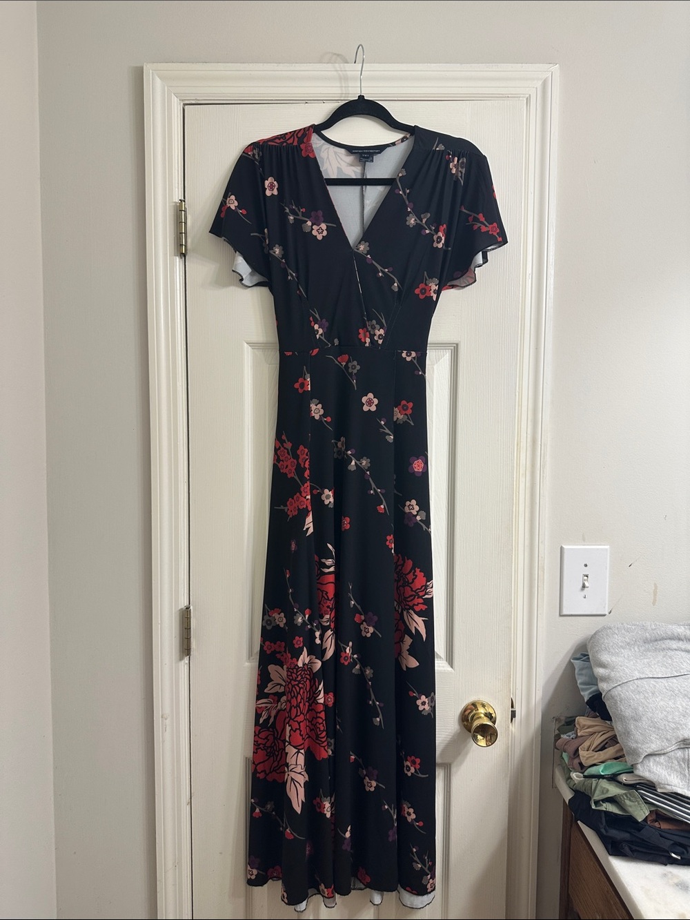 French Connection Black Maxi Dress with Red & Pink Floral